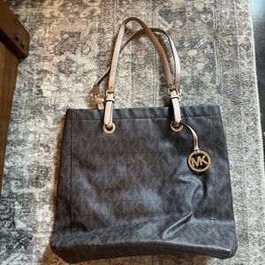 Michael Kors Signature Leather Jet Set Monogrammed Brown Tote Bag
